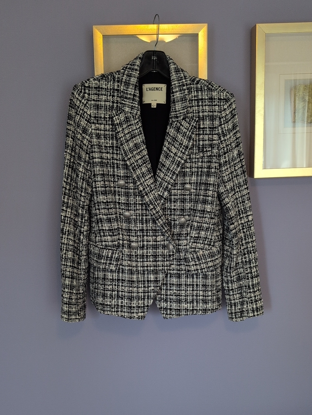 L'AGENCE Black & White Tweed Double-Breasted Blazer